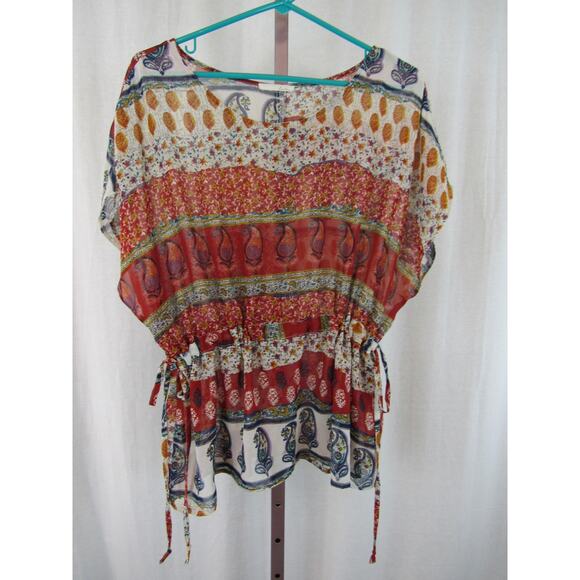 Lush Medium Semi Sheer Multi Print Top Paisley Stripes Adjustable Swim Coverup - Picture 1 of 11
